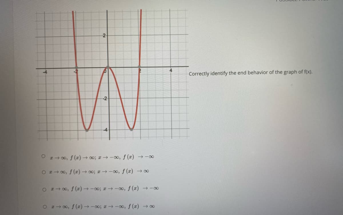 4
-4
Correctly identify the end behavior of the graph of f(x).
-2
200, f (z) → 00; z→ -o, f (x) →-0
O zo, f (z) → 00; z→-, f (x) → ∞
O HIo, f(x) → -00; z -0, f (x) 0
O o, f (x) → -0o; z -0o, f (x) 00
