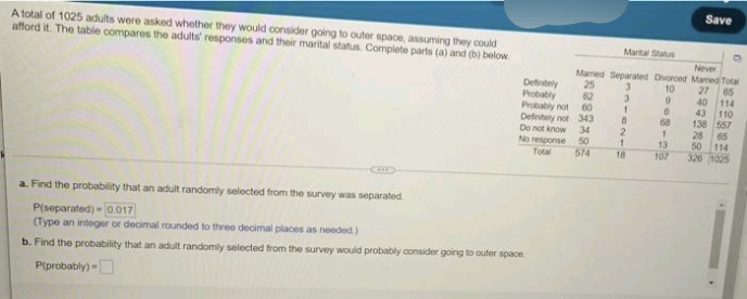 Save
A total of 1025 adults were asked whether they would consider going to outer space, assuming they could
afford it. The table compares the adults' responses and their marital status. Complete parts (a) and (b) below
Marita Status
Never
Maried Separated Divorced Maried Tota
25
62
Probably not 6O
Defnitely not 343
Do not know
Defntely
Probably
10
65
40 114
43
27
110
138 557
28
8.
68
34
50
2.
65
50 114
326 1025
No response
13
Total
574
18
107
a. Find the probability that an adult randomly selected from the survey was separated
P(separated) - 0.017
(Type an integer or decimal rounded to three decimal places as needed.)
b. Find the probability that an adult randomly selected trom the survey would probably consider going to outer space.
P(probably)-
