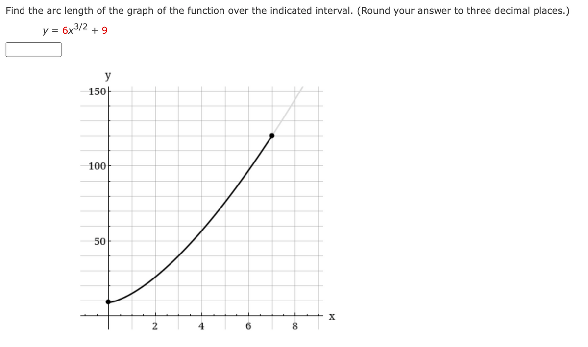 Find the arc length of the graph of the function over the indicated interval. (Round your answer to three decimal places.)
y =
6x3/2
+ 9
y
150|
100
50
2
4
6.
