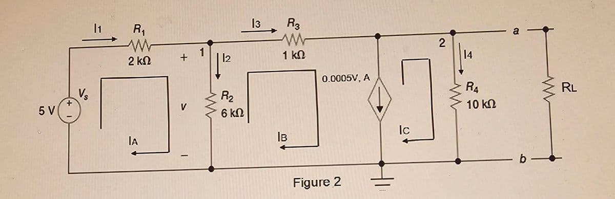 5V
+
Vs
R₁
2 ΚΩ
IA
+
1
R₂
6 ΚΩ
13
R3
Μ
1 ΚΩ
IB
0.0005V, A
Figure 2
Ic
2
14
RA
10 ΚΩ
B
b
RL