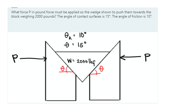 What force P in pound force must be applied so the wedge shown to push them towards the
block weighing 2000 pounds? The angle of contact surfaces is 15°. The angle of friction is 10°.
O,- 10°
Đ - 15°
P-
W= 2060 lbf
