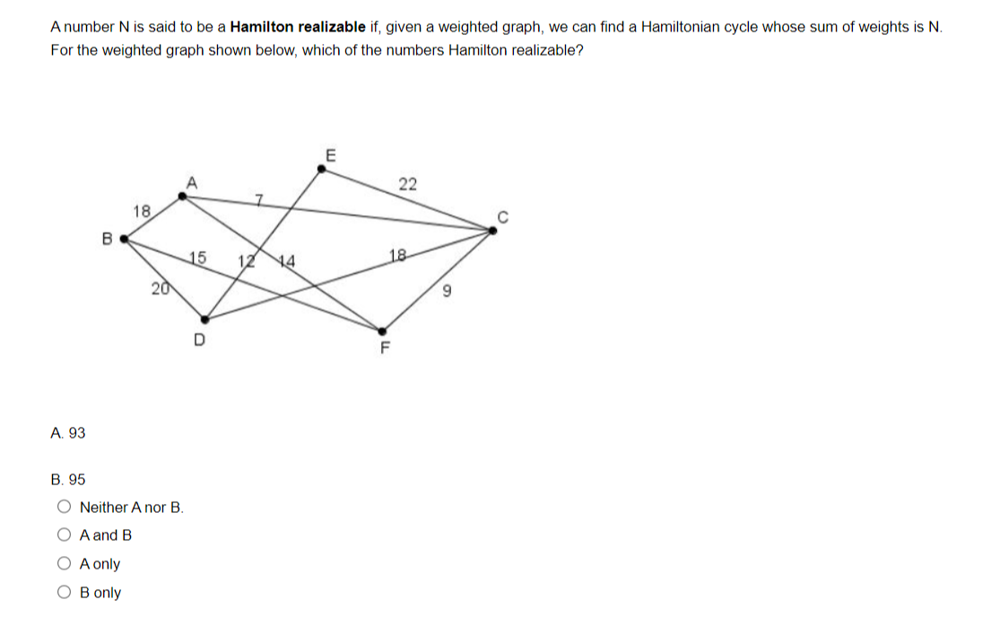 A number N is said to be a Hamilton realizable if, given a weighted graph, we can find a Hamiltonian cycle whose sum of weights is N.
For the weighted graph shown below, which of the numbers Hamilton realizable?
A. 93
B
18.
20
B. 95
O Neither A nor B.
O A and B
O A only
OB only
A
15
D
7
12 14
E
22
18
F
9
с