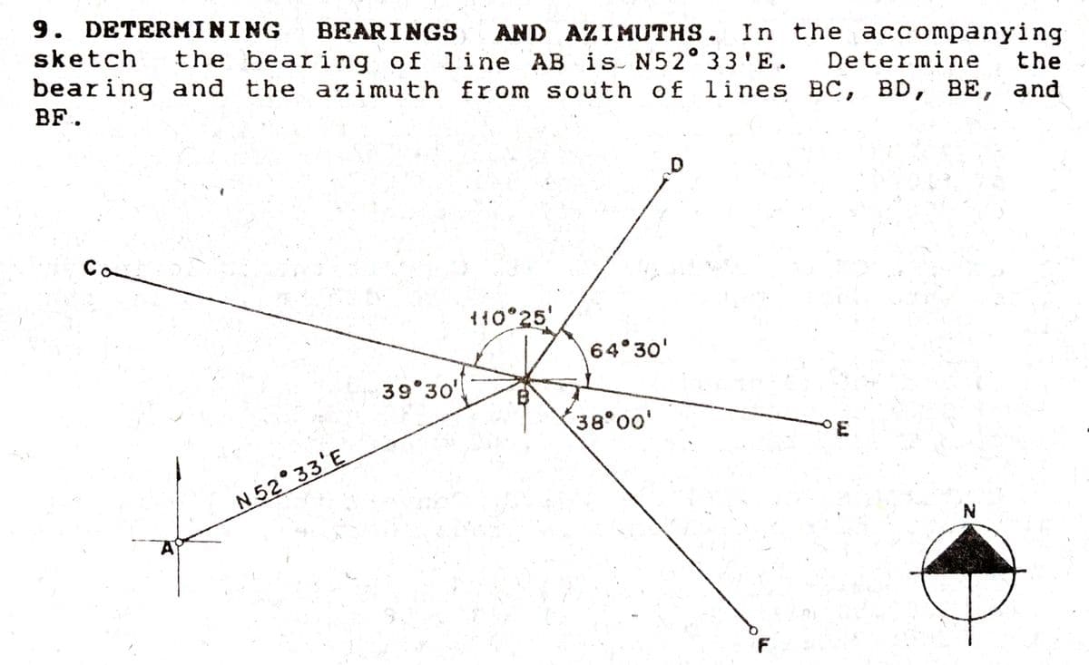 9. DETERMINING
BEARINGS
AND AZIMUTHS. In the accompanying
the
the bearing of line AB is N 52° 33'E.
bearing and the azimuth from south of lines BC, BD, BE, and
sketch
Determine
вс,
BF.
C
{10°25'
64 30'
39°30'
38°00'
PE
N 52 33'E
F.
