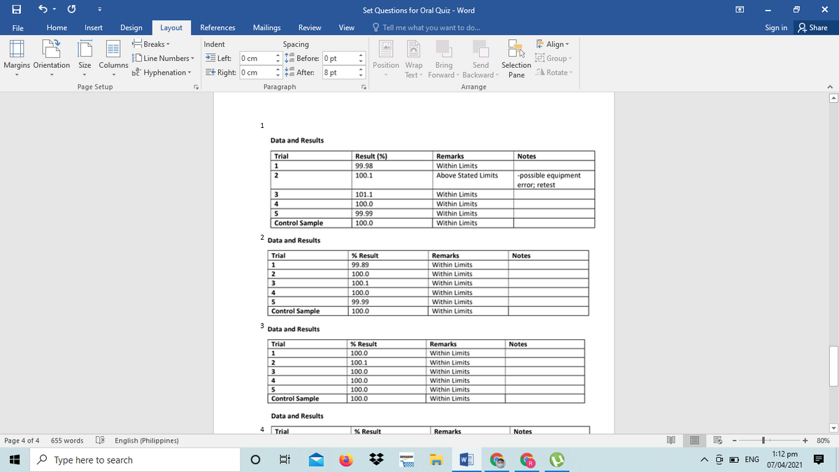 Set Questions for Oral Quiz - Word
困
File
Home
Insert
Design
Layout
References
Mailings
Review
View
O Tell me what you want to do...
Sign in 2 Share
님 Breaks▼
DLine Numbers - E Left: 0 cm
Spacing
- E Before: 0 pt
E Align
i Group
Indent
Send
Text- Forward Backward - Pane
Margins Orientation Size Columns
Position Wrap
Bring
Selection
bề Hyphenation E Right: 0 cm
:E After: 8 pt
E Rotate-
Page Setup
Paragraph
Arrange
Data and Results
Trial
Result (%)
Remarks
Notes
Within Limits
Above Stated Limits
1
99.98
2
100.1
-possible equipment
error; retest
3
Within Limits
Within Limits
101.1
4
100.0
5
99.99
Within Limits
Control Sample
100.0
Within Limits
2
2 Data and Results
Trial
% Result
Remarks
Notes
1
99.89
Within Limits
Within Limits
Within Limits
100.0
3
100.1
100.0
99.99
4
Within Limits
Within Limits
Control Sample
100.0
Within Limits
3
Data and Results
Trial
1
% Result
Remarks
Notes
100.0
Within Limits
2
100.1
Within Limits
100.0
100.0
3
Within Limits
4
Within Limits
100.0
100.0
5
Within Limits
Control Sample
Within Limits
Data and Results
4
Trial
| % Result
Remarks
Notes
Page 4 of 4
DE English (Philippines)
655 words
80%
1:12 pm
P Type here to search
amazon
O D ENG
07/04/2021
