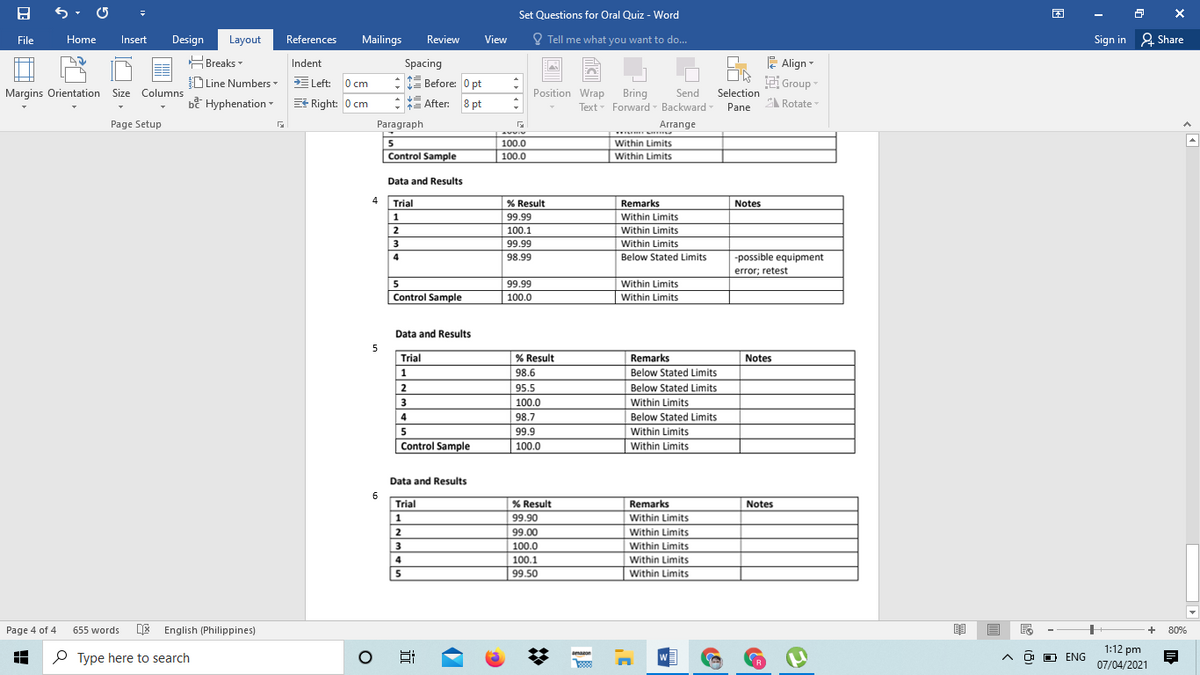 Set Questions for Oral Quiz - Word
困
File
Home
Insert
Design
Layout
References
Mailings
Review
View
O Tell me what you want to do...
Sign in 2 Share
님 Breaks▼
DLine Numbers - E Left: 0 cm
E Align
는k eiGroup
Indent
Spacing
: E Before: 0 pt
Margins Orientation Size Columns
Position Wrap Bring
Send
Selection
bề Hyphenation -
E Right: 0 cm
:E After: 8 pt
Text Forward - Backward -
EA Rotate
Pane
Page Setup
Paragraph
Arrange
5
100.0
Within Limits
Control Sample
100.0
Within Limits
Data and Results
Trial
% Result
Remarks
Notes
99.99
100.1
1
Within Limits
2
Within Limits
3
99.99
Within Limits
98.99
Below Stated Limits
-possible equipment
error; retest
99.99
Within Limits
Control Sample
Within Limits
100.0
Data and Results
5
Trial
1
% Result
Remarks
Below Stated Limits
Notes
98.6
2
95.5
Below Stated Limits
3
100.0
Within Limits
98.7
Below Stated Limits
99.9
Within Limits
Control Sample
100.0
Within Limits
Data and Results
6
Trial
% Result
Remarks
Notes
1
99.90
Within Limits
Within Limits
Within Limits
2
99.00
3
100.0
4
100.1
Within Limits
5
99.50
Within Limits
Page 4 of 4
DE English (Philippines)
655 words
80%
1:12 pm
P Type here to search
amaon
O D ENG
07/04/2021
