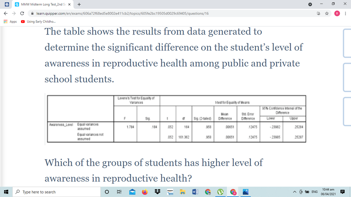 MMW Midterm Long Test_2nd Se X
+
A learn.quipper.com/en/exams/606a72f68ed5e8002e411cb2/topics/605fe2bc19505d0029c69405/questions/16
R
E Apps
Using Early Childho..
The table shows the results from data generated to
determine the significant difference on the student's level of
awareness in reproductive health among public and private
school students.
Levene's Test for Equality of
Variances
test for Equality of Means
95% Confidence Intenval of the
Mean
S1. Error
Diference
Sig. (2-tailed)
Meren
rence
Lower
Upper
Awareness_Level Equal variances
assumed
1.784
184
052
164
958
00651
12475
-23982
25284
Equal variances not
assumed
- 23985
052
161.362
958
00651
12475
25297
Which of the groups of students has higher level of
awareness in reproductive health?
10:44 am
P Type here to search
O O ENG
06/04/2021

