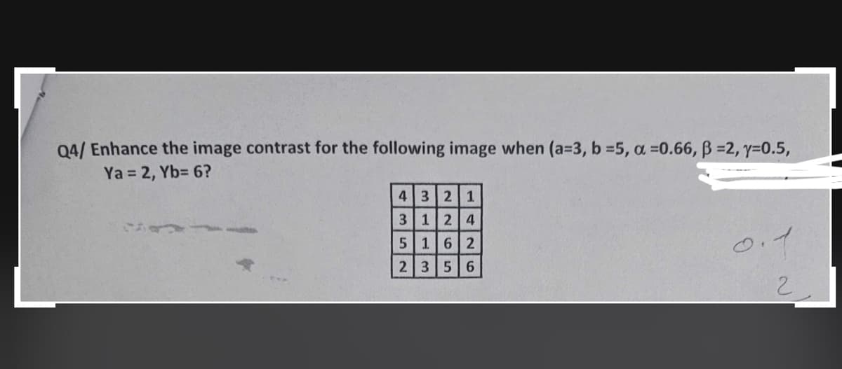 Q4/ Enhance the image contrast for the following image when (a=3, b =5, a =0.66, ß =2, y=0.5,
Ya = 2, Yb= 6?
4
3 2 1
3 1 24
5 1
6 2
235 6
0.1
2