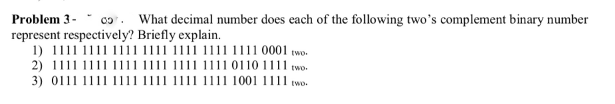 Problem 3-
co. What decimal number does each of the following two’s complement binary number
represent respectively? Briefly explain.
1) 1111 1111
2) 1111 1111
3) 0111 111
11
1111 0001 two.
1111 1111 0110 1111 two.
1111 1111 1111 1001 1111 two.
