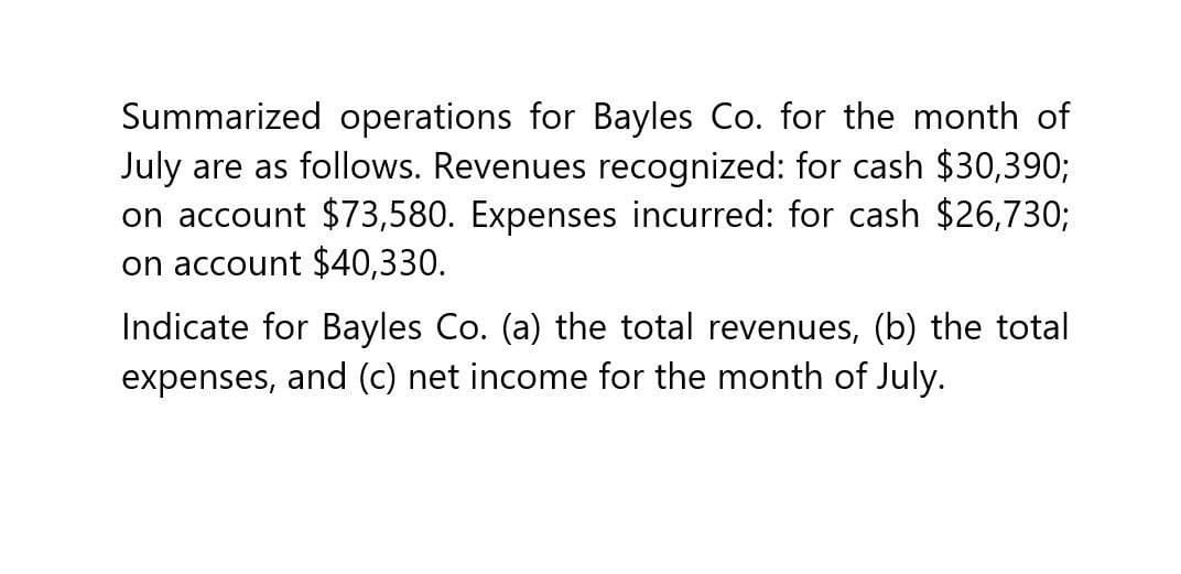 Summarized operations for Bayles Co. for the month of
July are as follows. Revenues recognized: for cash $30,390;
on account $73,580. Expenses incurred: for cash $26,730;
on account $40,330.
Indicate for Bayles Co. (a) the total revenues, (b) the total
expenses, and (c) net income for the month of July.