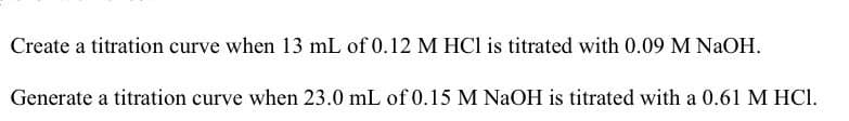 Create a titration curve when 13 mL of 0.12 M HCl is titrated with 0.09 M NaOH.
Generate a titration curve when 23.0 mL of 0.15 M NaOH is titrated with a 0.61 M HCl.