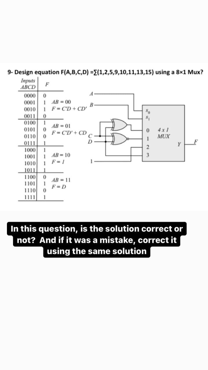 9- Design equation F(A,B,C,D) ={(1,2,5,9,10,11,13,15) using a 8x1 Mux?
Inputs
F
ABCD
A
0000 0
0001
1 AB=00
B
0010 1 F=CD + CD'
0011 0
0100 1
AB=01
0101 0
F=C'D' + CD
0
4x1
MUX
0110 0
B
1
0111 1
F
Y
2
1000 1
1001 1 AB=10
1010 1 F = 1
3
1011
1100 0
AB = 11
1101 1
F =D
0
1
In this question, is the solution correct or
not? And if it was a mistake, correct it
using the same solution