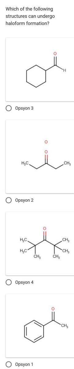 Which of the following
structures can undergo
haloform formation?
O Opsyon 3
H₂C.
O Opsyon 2
O
H₂C
H₂C
Opsyon 4
Opsyon 1
CH₂
O
CH₂
CH₁₂
CH₂
CH₂
CH₂