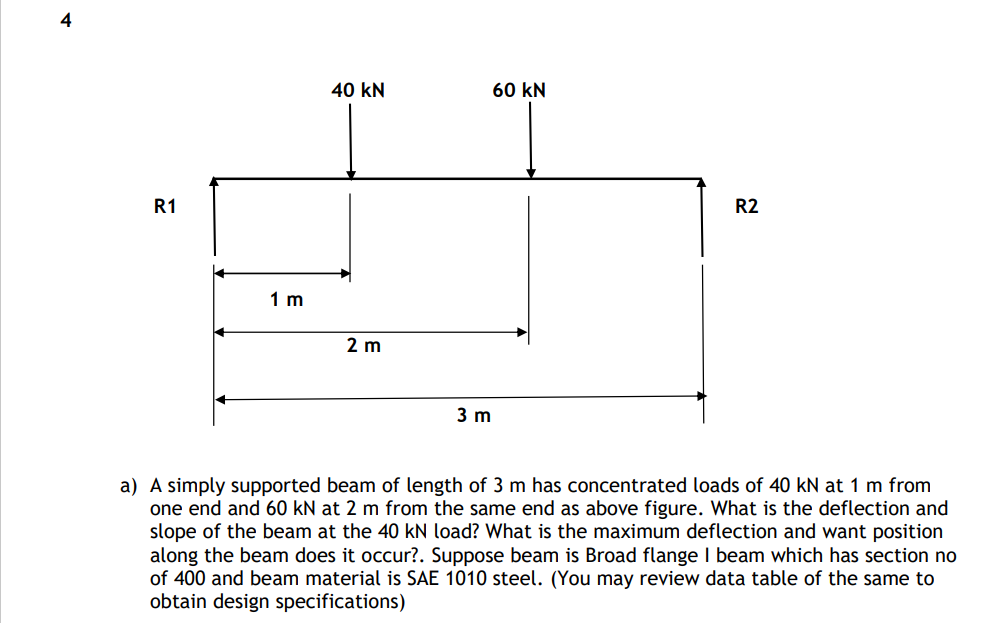 4
R1
1 m
40 kN
2 m
60 KN
3 m
R2
a) A simply supported beam of length of 3 m has concentrated loads of 40 kN at 1 m from
one end and 60 kN at 2 m from the same end as above figure. What is the deflection and
slope of the beam at the 40 kN load? What is the maximum deflection and want position
along the beam does it occur?. Suppose beam is Broad flange I beam which has section no
of 400 and beam material is SAE 1010 steel. (You may review data table of the same to
obtain design specifications)