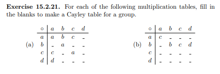 Exercise 15.2.21. For each of the following multiplication tables, fill in
the blanks to make a Cayley table for a group.
O a b
a
b
a
a
(a) b
с C
ยๆ
d d
e d
C
10
I
O a b c d
a
(b) b
С
d
C
b С d
I
I