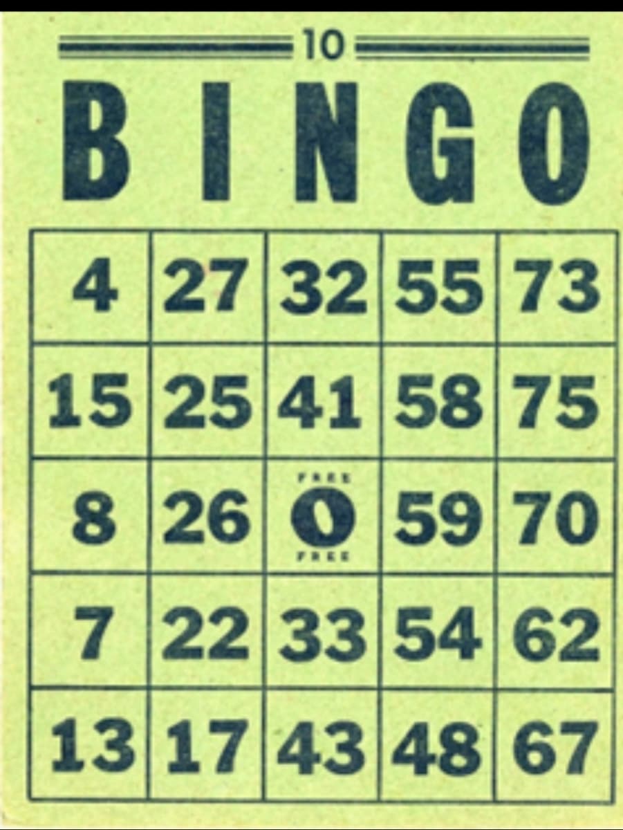 10
BINGO
4 27 32 55 73
15 25 41 58 75
8 26 59 70
7 22 33 54 62
13 17 43 48 67