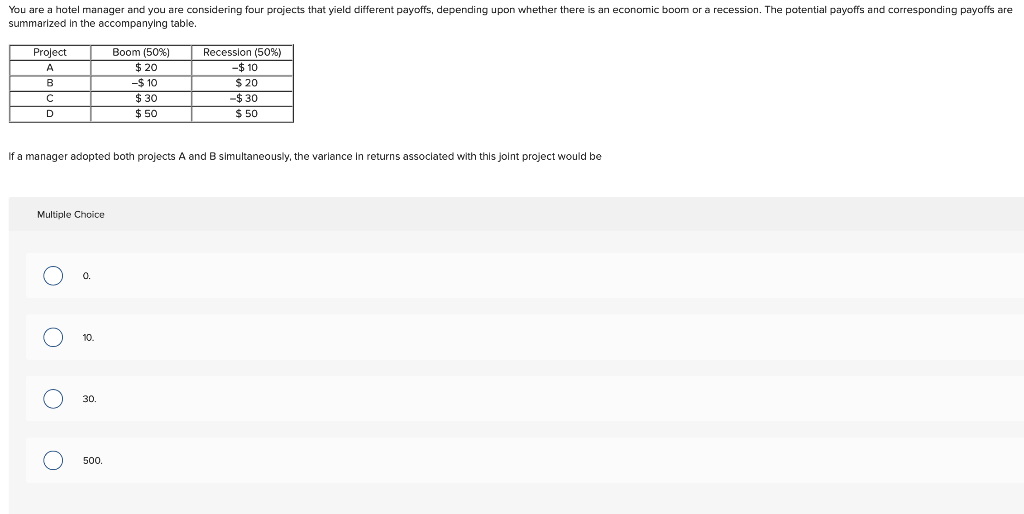You are a hotel manager and you are considering four projects that yield different payoffs, depending upon whether there is an economic boom or a recession. The potential payoffs and corresponding payoffs are
summarized in the accompanying table.
Recession (50%)
-$ 10
$ 20
-$ 30
$ 50
Boom (50%)
$ 20
Project
A
B
-$ 10
$ 30
$ 50
If a manager adopted both projects A and B simultaneously, the varlance in returns assoclated with this joint project would be
Multiple Choice
0.
10.
30.
50.
