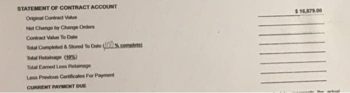 STATEMENT OF CONTRACT ACCOUNT
Original Contract Value
$ 16,879.00
Net Change by Change Orders
Contract Value To Date
Total Completed & Stored To Date % comptete)
Total Retainage (10%)
Tolal Earmed Less Retainage
Less Previous Certificates For Payment
CURRENT PAYMENT DUE
