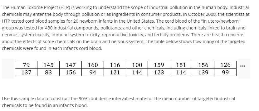 The Human Toxome Project (HTP) is working to understand the scope of industrial pollution in the human body. Industrial
chemicals may enter the body through pollution or as ingredients in consumer products. In October 2008, the scientists at
HTP tested cord blood samples for 20 newborn infants in the United States. The cord blood of the "In utero/newborn"
group was tested for 430 industrial compounds, pollutants, and other chemicals, including chemicals linked to brain and
nervous system toxicity, immune system toxicity, reproductive toxicity, and fertility problems. There are health concerns
about the effects of some chemicals on the brain and nervous system. The table below shows how many of the targeted
chemicals were found in each infant's cord blood.
145
159
151
156
126
79
137
147
160
116
100
...
83
156
94
121
144
123
114
139
99
Use this sample data to construct the 90% confidence interval estimate for the mean number of targeted industrial
chemicals to be found in an infant's blood.
