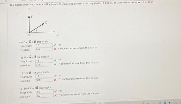 The displacement vectors A and B shown in the figure below both have magnitudes of 1.90 m. The direction of vector A is = 32.5°
(a) Find A + B graphically,
magnitude. 3.3
direction
240
(b) Find A - B graphically.
magnitude.
1.8
direction
331
(c) Find B-A graphically.
magnitude
1.8
direction : 331
(d) Find A-28 graphically.
magnitude
direction (
3.2
302
✔ m
Xcounterclockwise from the +x axis
✔ m
counterclockwise from the +x axis
✔m
X counterclockwise from the +x axis
✔m
x
counterclockwise from the +x axis
Four