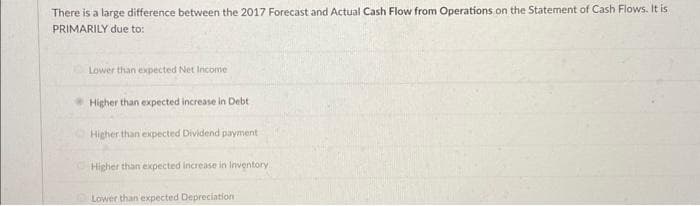There is a large difference between the 2017 Forecast and Actual Cash Flow from Operations on the Statement of Cash Flows. It is
PRIMARILY due to:
Lower than expected Net Income
Higher than expected increase in Debt
Higher than expected Dividend payment
Higher than expected increase in Inventory
Lower than expected Depreciation