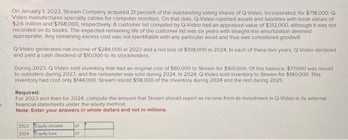 M
On January 1, 2023, Stream Company acquired 21 percent of the outstanding voting shares of Q-Video, Incorporated, for $718,000. Q-
Video manufactures specialty cables for computer monitors. On that date, Q-Video reported assets and liabilities with book values of
$2.6 million and $768,000, respectively. A customer list compiled by Q-Video had an appraised value of $312,000, although it was not
recorded on its books. The expected remaining life of the customer list was six years with straight-line amortization deemed
appropriate. Any remaining excess cost was not identifiable with any particular asset and thus was considered goodwill
Q-Video generated net income of $284,000 in 2023 and a net loss of $108,000 in 2024 In each of these two years, Q-Video declared
and paid a cash dividend of $10,000 to its stockholders
During 2023, Q-Video sold inventory that had an original cost of $80,000 to Stream for $160,000. Of this balance, $77,000 was resold
to outsiders during 2023, and the remainder was sold during 2024. In 2024, Q-Video sold inventory to Stream for $180,000. This
inventory had cost only $144,000. Stream resold $98,000 of the inventory during 2024 and the rest during 2025
Required:
For 2023 and then for 2024, compute the amount that Stream should report as income from its investment in Q-Video in its external
financial statements under the equity method.
Note: Enter your answers in whole dollars and not in millions.
2023 Equity income of
2024 Equity loss
of