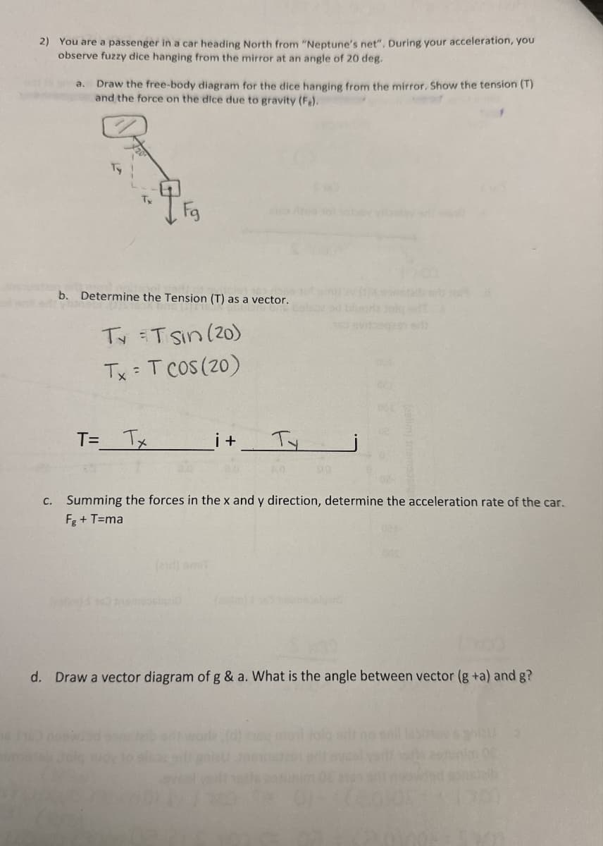 2) You are a passenger in a car heading North from "Neptune's net". During your acceleration, you
observe fuzzy dice hanging from the mirror at an angle of 20 deg.
a. Draw the free-body diagram for the dice hanging from the mirror. Show the tension (T)
and the force on the dice due to gravity (Fe).
Tx
P
b. Determine the Tension (T) as a vector.
Tv Tsin (20)
Tx = T COS (20)
T= Tx
__ i + __Ty
c. Summing the forces in the x and y direction, determine the acceleration rate of the car.
Fg + T=ma
d. Draw a vector diagram of g & a. What is the angle between vector (g+a) and g?