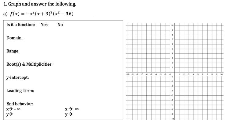 1. Graph and answer the following.
a) f(x) = -x²(x + 3)³(x² – 36)
Is it a function:
Yes
No
10
Domain:
Range:
Root(s) & Multiplicities:
-10 4
6 5 4 321
-1
5 6 7
10
y-intercept:
Leading Term:
End behavior:
x> - 0
- CO
