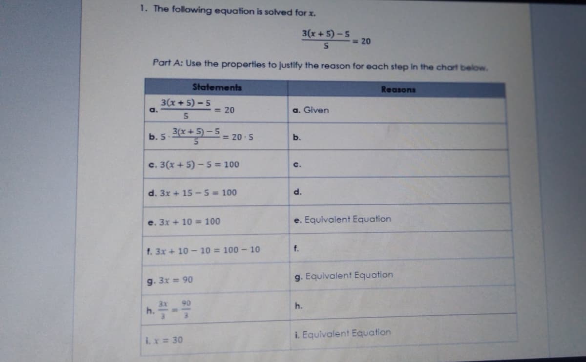 1. The following equation is solved for x.
3(x + 5) -5
= 20
Part A: Use the properties to justify the reason for each step In the chart below.
Statements
Reasons
3(x+5)-5
a.
= 20
a. Given
b. 5-3*+5)-52
= 20-5
b.
c. 3(x + 5) - 5 = 100
c.
d. 3x + 15 -5 = 100
d.
e. 3x + 10 = 100
e. Equivalent Equation
f.
f. 3x + 10 - 10 = 100 - 10
g. Equivalent Equation
g. 3x = 90
90
3x
h.
h.
i. Equivalent Equation
i.x= 30
