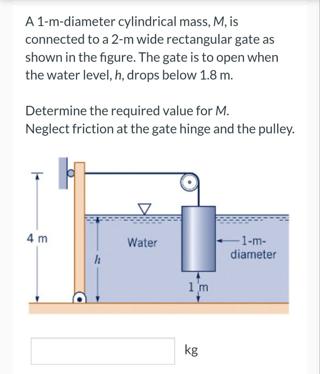 A 1-m-diameter cylindrical mass, M, is
connected to a 2-m wide rectangular gate as
shown in the figure. The gate is to open when
the water level, h, drops below 1.8 m.
Determine the required value for M.
Neglect friction at the gate hinge and the pulley.
4 m
h
Water
1 m
kg
-1-m-
diameter