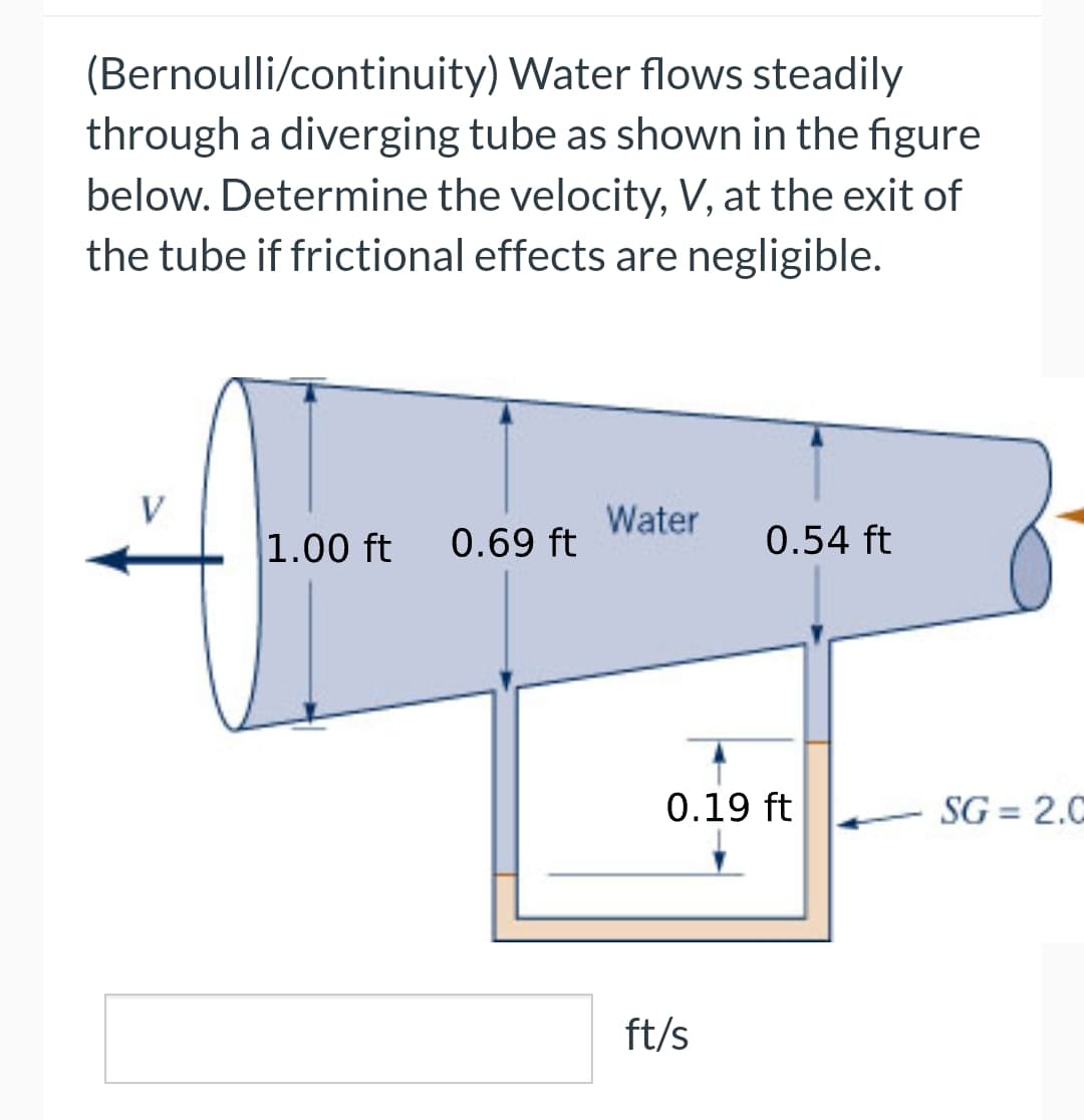 (Bernoulli/continuity)
Water flows steadily
through a diverging tube as shown in the figure
below. Determine the velocity, V, at the exit of
the tube if frictional effects are negligible.
V
1.00 ft
0.69 ft
Water
0.54 ft
0.19 ft
ft/s
SG= 2.0