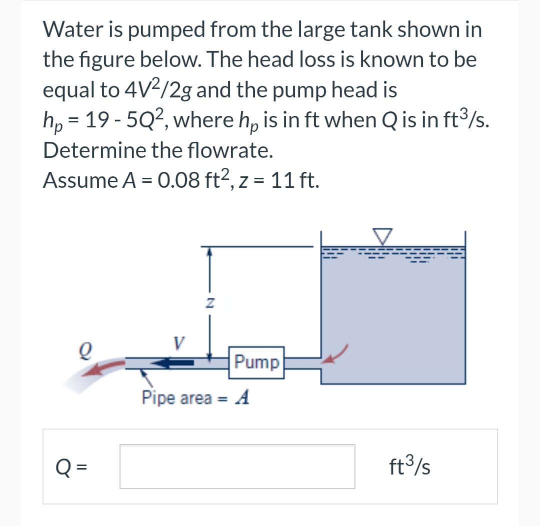 Water is pumped from the large tank shown in
the figure below. The head loss is known to be
equal to 4V²/2g and the pump head is
hp = 19-5Q², where hp is in ft when Q is in ft³/s.
Determine the flowrate.
Assume A = 0.08 ft², z = 11 ft.
Q
Q=
Z
Pipe area =
Pump
ft³/s