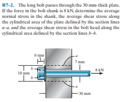 R7-2. The long bolt passes through the 30-mm-thick plate.
If the force in the bolt shank is 8 kN, determine the average
normal stress in the shank, the average shear stress along
the cylindrical area of the plate defined by the section lines
a-a, and the average shear stress in the bolt head along the
cylindrical area defined by the section lines b-b.
8 mm
7 mm
18 mm
8KN
30 mm
