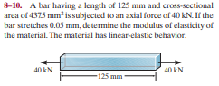 8-10. A bar having a length of 125 mm and cross-sectional
area of 4375 mm² is subjected to an axial force of 40 kN. If the
bar stretches 0.05 mm, determine the modulus of elasticity of
the material. The material has linear-elastic behavior.
40 kN
-125 mm
40 kN
