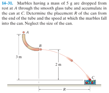 14-31. Marbles having a mass of 5 g are dropped from
rest at A through the smooth glass tube and accumulate in
the can at C. Determine the placement R of the can from
the end of the tube and the speed at which the marbles fall
into the can. Neglect the size of the can.
3 m
2 m
