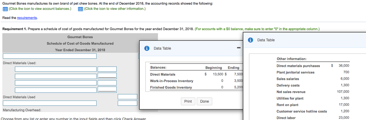 Gourmet Bones manufactures its own brand of pet chew bones. At the end of December 2018, the accounting records showed the following:
|(Click the icon to view account balances.)
|(Click the icon to view other information.)
Read the requirements.
Requirement 1. Prepare a schedule of cost of goods manufactured for Gourmet Bones for the year ended December 31, 2018. (For accounts with a $0 balance, make sure to enter "0" in the appropriate column.)
Gourmet Bones
O Data Table
Schedule of Cost of Goods Manufactured
Data Table
Year Ended December 31, 2018
Other information:
Direct Materials Used:
Direct materials purchases
$ 36,000
Balances:
Beginning
Ending
$
13,500 $
7,500
Plant janitorial services
700
Direct Materials
Sales salaries
6,000
Work-in-Process Inventory
3,500
Finished Goods Inventory
5,200
Delivery costs
1,300
Net sales revenue
107,000
Direct Materials Used
Utilities for plant
1,300
Print
Done
Rent on plant
17,000
Manufacturing Overhead:
Customer service hotline costs
1,200
Choose from any list or enter any number in the input fields and then click Check Answer.
Direct labor
23,000
