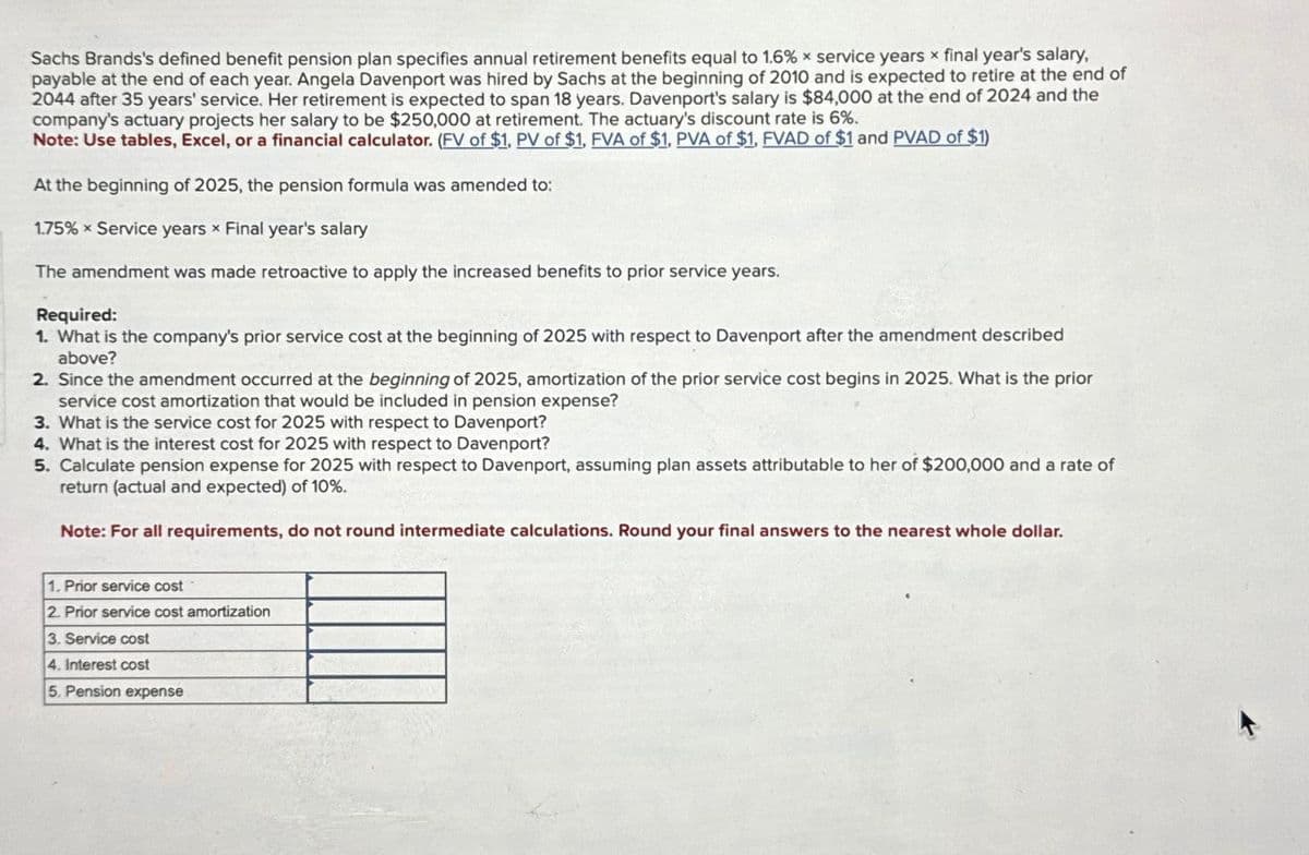 Sachs Brands's defined benefit pension plan specifies annual retirement benefits equal to 1.6% x service years x final year's salary,
payable at the end of each year. Angela Davenport was hired by Sachs at the beginning of 2010 and is expected to retire at the end of
2044 after 35 years' service. Her retirement is expected to span 18 years. Davenport's salary is $84,000 at the end of 2024 and the
company's actuary projects her salary to be $250,000 at retirement. The actuary's discount rate is 6%.
Note: Use tables, Excel, or a financial calculator. (FV of $1, PV of $1, FVA of $1, PVA of $1, FVAD of $1 and PVAD of $1)
At the beginning of 2025, the pension formula was amended to:
1.75% * Service years x Final year's salary
The amendment was made retroactive to apply the increased benefits to prior service years.
Required:
1. What is the company's prior service cost at the beginning of 2025 with respect to Davenport after the amendment described
above?
2. Since the amendment occurred at the beginning of 2025, amortization of the prior service cost begins in 2025. What is the prior
service cost amortization that would be included in pension expense?
3. What is the service cost for 2025 with respect to Davenport?
4. What is the interest cost for 2025 with respect to Davenport?
5. Calculate pension expense for 2025 with respect to Davenport, assuming plan assets attributable to her of $200,000 and a rate of
return (actual and expected) of 10%.
Note: For all requirements, do not round intermediate calculations. Round your final answers to the nearest whole dollar.
1. Prior service cost
2. Prior service cost amortization
3. Service cost
4. Interest cost
5. Pension expense