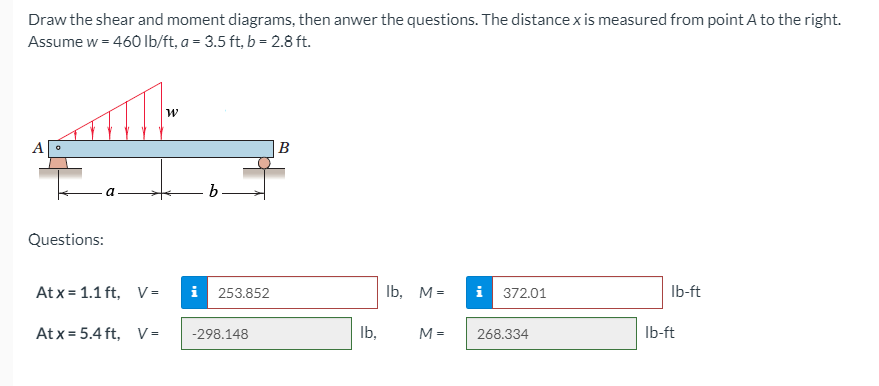 Draw the shear and moment diagrams, then anwer the questions. The distance x is measured from point A to the right.
Assume w = 460 Ib/ft, a = 3.5 ft, b = 2.8 ft.
B
Questions:
At x = 1.1 ft, V=
i 253.852
Ib, M=
i 372.01
Ib-ft
At x = 5.4 ft, V =
-298.148
Ib,
M =
268.334
Ib-ft
