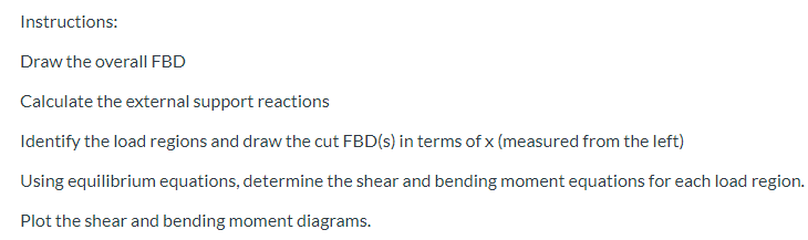 Instructions:
Draw the overall FBD
Calculate the external support reactions
Identify the load regions and draw the cut FBD(s) in terms of x (measured from the left)
Using equilibrium equations, determine the shear and bending moment equations for each load region.
Plot the shear and bending moment diagrams.
