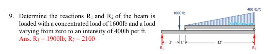 9. Determine the reactions R₁ and R₂ of the beam is
loaded with a concentrated load of 1600lb and a load
varying from zero to an intensity of 400lb per ft.
Ans. R₁ = 19001b, R₂ = 2100
R₂
1600 lb
· Ark
3'
12'
400 lb/ft