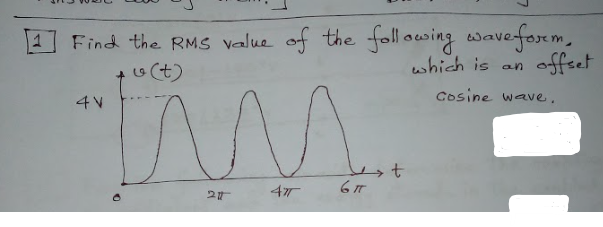 Find the RMS value of the following waveforem,
o(t)
which is an
offset
Cosine wave.
4V
6IT
2
