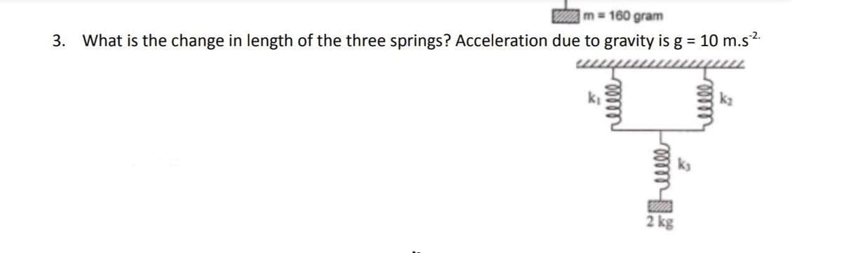 m = 160 gram
3. What is the change in length of the three springs? Acceleration due to gravity is g = 10 m.s ¹².
k₁
reelle
mm
2 kg
2
elell
k₂