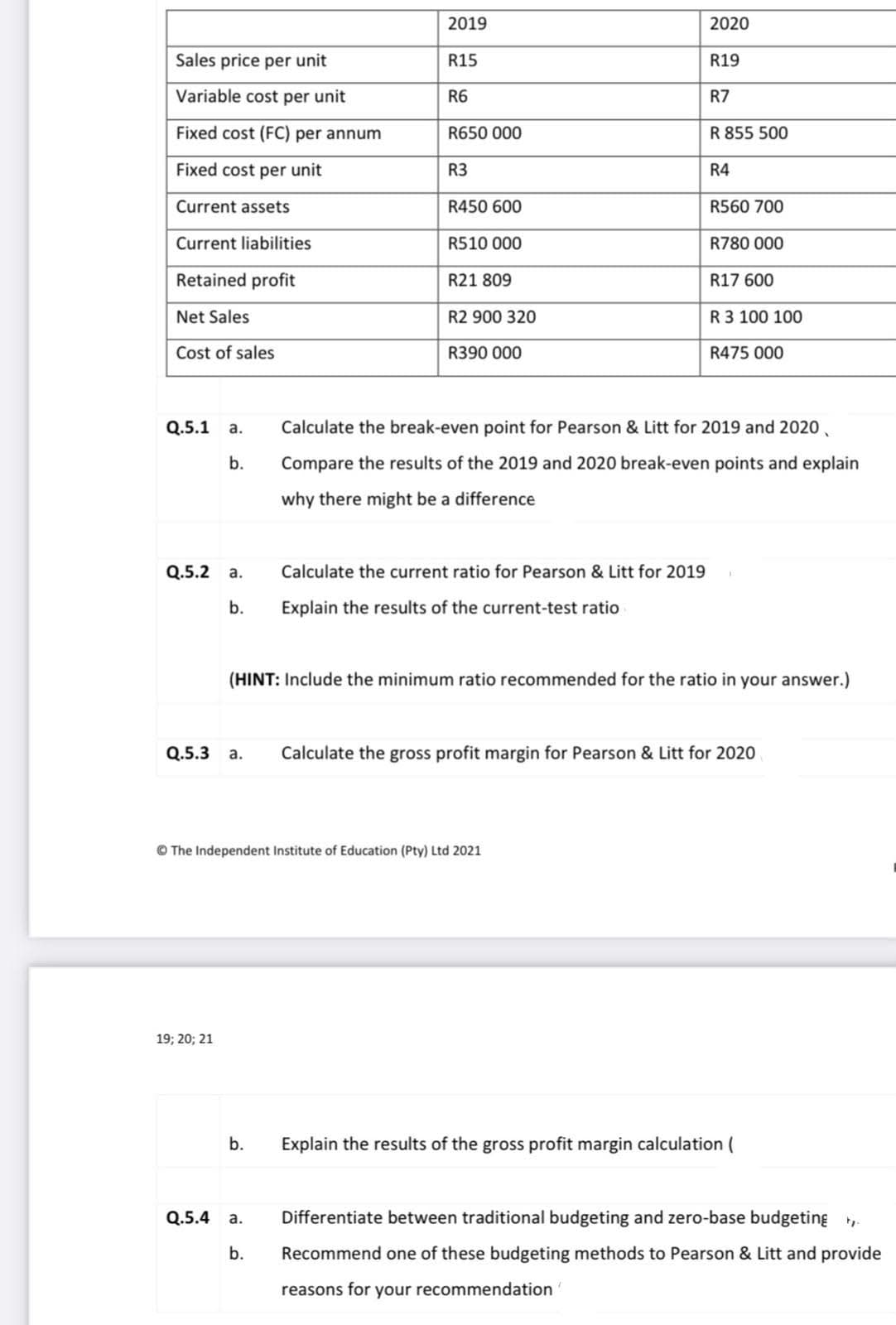 2019
2020
Sales price per unit
R15
R19
Variable cost per unit
R6
R7
Fixed cost (FC) per annum
R650 000
R 855 500
Fixed cost per unit
R3
R4
Current assets
R450 600
R560 700
Current liabilities
R510 000
R780 000
Retained profit
R21 809
R17 600
Net Sales
R2 900 320
R 3 100 100
Cost of sales
R390 000
R475 000
Q.5.1
Calculate the break-even point for Pearson & Litt for 2019 and 2020,
а.
b.
Compare the results of the 2019 and 2020 break-even points and explain
why there might be a difference
Q.5.2 a.
Calculate the current ratio for Pearson & Litt for 2019
b.
Explain the results of the current-test ratio
(HINT: Include the minimum ratio recommended for the ratio in your answer.)
Q.5.3 a.
Calculate the gross profit margin for Pearson & Litt for 2020
© The Independent Institute of Education (Pty) Ltd 2021
19; 20; 21
b.
Explain the results of the gross profit margin calculation (
Q.5.4
a.
Differentiate between traditional budgeting and zero-base budgeting
b.
Recommend one of these budgeting methods to Pearson & Litt and provide
reasons for your recommendation
