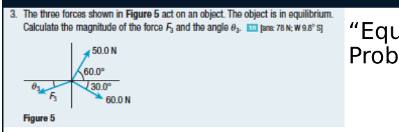 3. The three forces shown in Figure 5 act on an object. The object is in equilibrium.
Calculate the magnitude of the force F, and the angle 8z D jrs 78 N; W98" s]
"Equ
Prob
50.0 N
60.0°
30.0°
60.0 N
Figure 5
