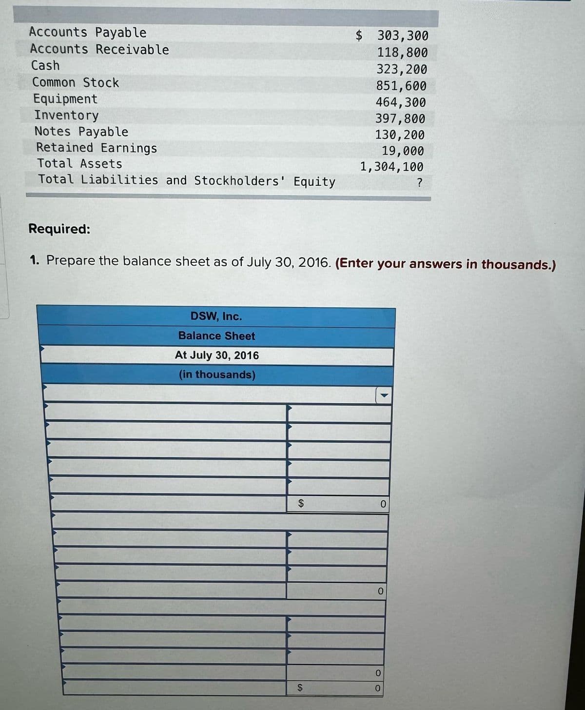 Accounts Payable
Accounts Receivable
Cash
Common Stock
Equipment
Inventory
Notes Payable
Retained Earnings
Total Assets
Total Liabilities and Stockholders' Equity
Required:
1. Prepare the balance sheet as of July 30, 2016. (Enter your answers in thousands.)
DSW, Inc.
Balance Sheet
At July 30, 2016
(in thousands)
69
$
$ 303,300
118,800
323,200
851,600
464,300
397,800
130, 200
19,000
1,304, 100
?
$
0
0