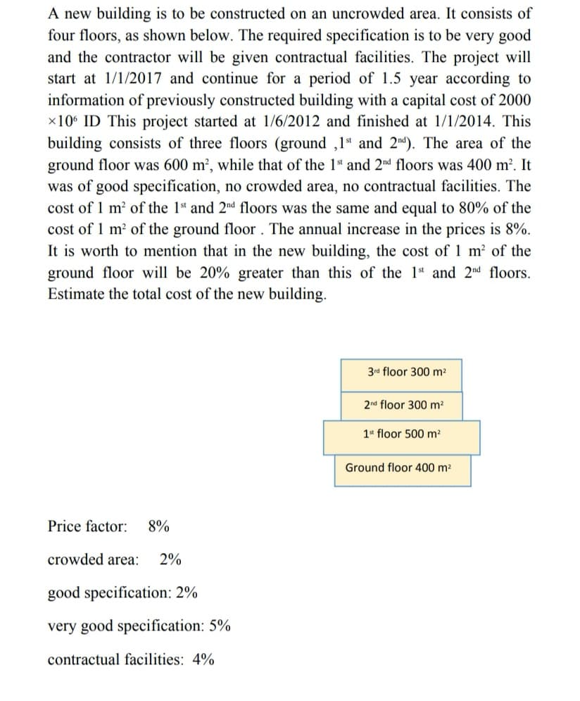 A new building is to be constructed on an uncrowded area. It consists of
four floors, as shown below. The required specification is to be very good
and the contractor will be given contractual facilities. The project will
start at 1/1/2017 and continue for a period of 1.5 year according to
information of previously constructed building with a capital cost of 2000
×10° ID This project started at 1/6/2012 and finished at 1/1/2014. This
building consists of three floors (ground ,1* and 2nd). The area of the
ground floor was 600 m², while that of the 1* and 2nd floors was 400 m². It
was of good specification, no crowded area, no contractual facilities. The
cost of 1 m? of the 1" and 2nd floors was the same and equal to 80% of the
cost of 1 m? of the ground floor . The annual increase in the prices is 8%.
It is worth to mention that in the new building, the cost of 1 m' of the
ground floor will be 20% greater than this of the 1* and 2d floors.
Estimate the total cost of the new building.
3rd floor 300 m2
2nd floor 300 m?
1* floor 500 m?
Ground floor 400 m2
Price factor:
8%
crowded area:
2%
good specification: 2%
very good specification: 5%
contractual facilities: 4%
