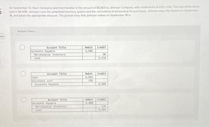 **Accounting for Purchase Transactions Using Net Method**

On September 12, Ryan Company sold merchandise in the amount of $6,800 to Johnson Company, with credit terms of 2/10, n/30. The cost of the items sold is $4,500. Johnson uses the perpetual inventory system and the net method of accounting for purchases. Johnson pays the invoice on September 18, and takes the appropriate discount. The journal entry that Johnson makes on September 18 is:

**Multiple Choice:**

**Option A:**

| Account Title             | Debit | Credit  |
|---------------------------|-------|---------|
| Accounts Payable          |       | 4,500   |
| Merchandise Inventory     | 98    |         |
| Cash                      | 4,410 |         |

**Option B:**

| Account Title             | Debit | Credit  |
|---------------------------|-------|---------|
| Cash                      | 6,664 |         |
| Discounts Lost            | 136   |         |
| Accounts Payable          |       | 6,800   |

**Option C:**

| Account Title             | Debit | Credit  |
|---------------------------|-------|---------|
| Accounts Payable          | 6,800 |         |
| Merchandise Inventory     |       | 136     |
| Cash                      |       | 6,664   |

**Explanation of Figures:**

- **Option A:** Indicates an accounts payable credit of $4,500, debit to merchandise inventory of $98, and debit to cash of $4,410. This does not accurately reflect the discount and total payment.

- **Option B:** Indicates a debit to cash of $6,664, debit to discounts lost of $136, and credit to accounts payable of $6,800. This suggests no discount was taken by treating it as a loss.

- **Option C:** Indicates a debit to accounts payable of $6,800, credit to merchandise inventory of $136, and credit to cash of $6,664. This correctly accounts for the discount of 2% on the $6,800 purchase, totalling $136, and the correct cash payment of $6,664. 

Thus, the correct journal entry for the transaction on September 18, using the net method, is reflected in **Option C**.