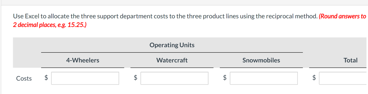 Use Excel to allocate the three support department costs to the three product lines using the reciprocal method. (Round answers to
2 decimal places, e.g. 15.25.)
Costs $
4-Wheelers
$
Operating Units
Watercraft
$
Snowmobiles
LA
Total