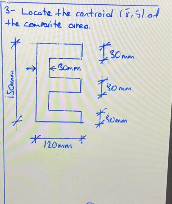 3- Locate the controid (X,5l of
the composite area.
isamm
↑
30mm
* 120mm
130mm
I somm
#summ