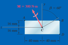 M = 300 N-m
B = 60°
%3D
16 mm
16 mm
D
40 mm-
40 mm
-
