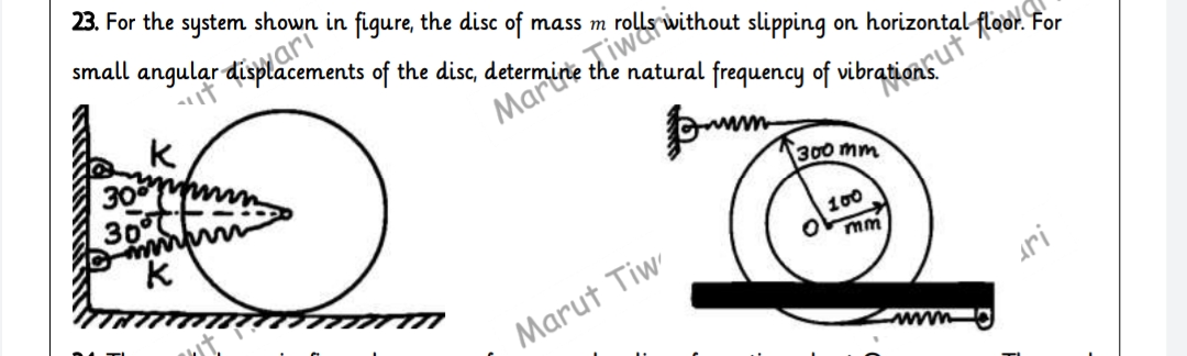 23. For the system shown in figure, the disc of mass m rolls without slipping on horizontal floor. For
k
30
30°
300 mm
100
wwO
Marut Tiw
ari
wwwwmO
